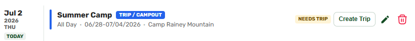 A penciled-in trip event on the calendar with a one-click Create Trip action