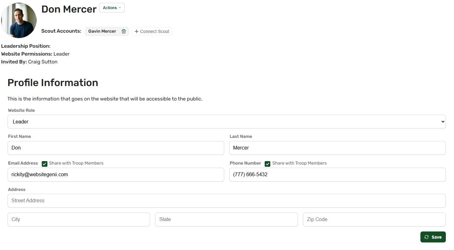 A leader's profile page with the website role dropdown and leader title selector