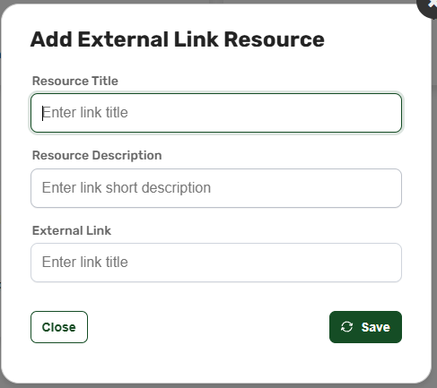 The resources library showing downloadable files and external links, each with a type chip and description
