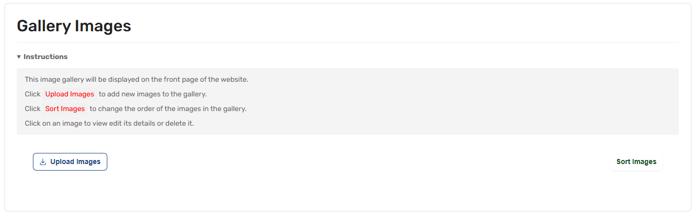 The gallery manager in Site Settings with campout photos in a sortable grid and an Upload Images button