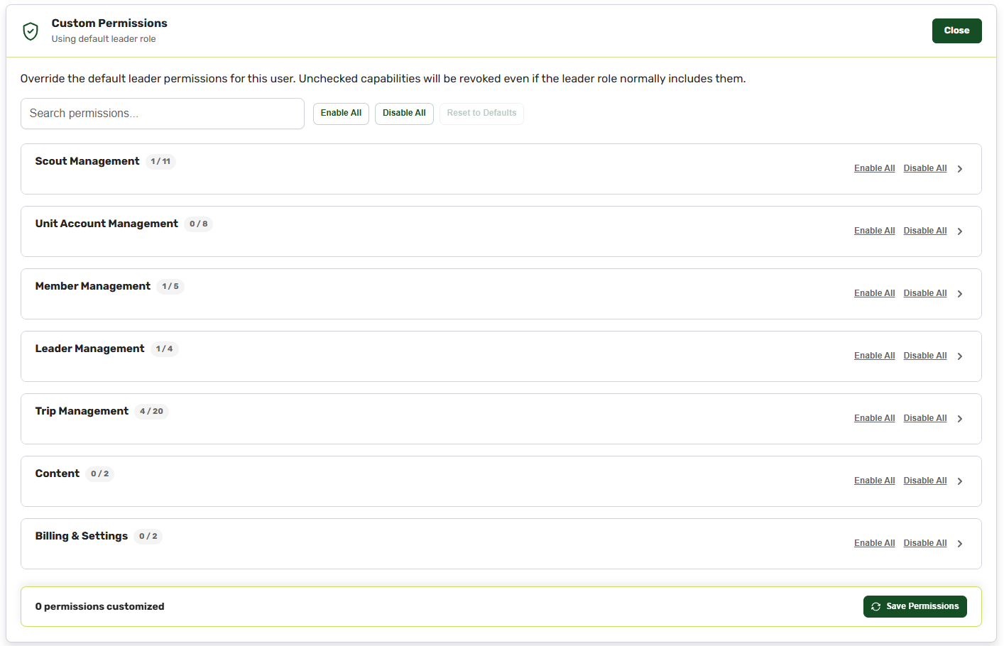 A leader's profile showing the Edit Resources permission toggle an admin can switch on