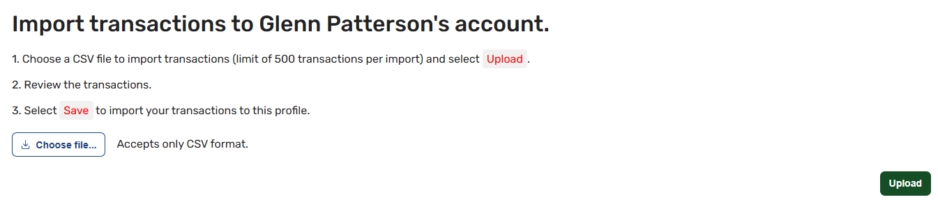 The bulk transaction import screen previewing rows from a CSV file before posting