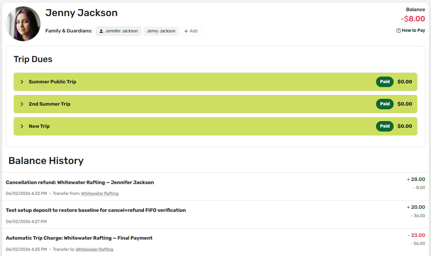 The parent view of a scout's balance and trip dues, with a How to Pay button and no admin controls
