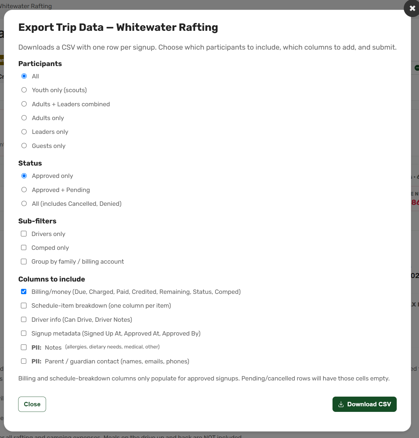 Trip export options for choosing participants, statuses, and CSV columns