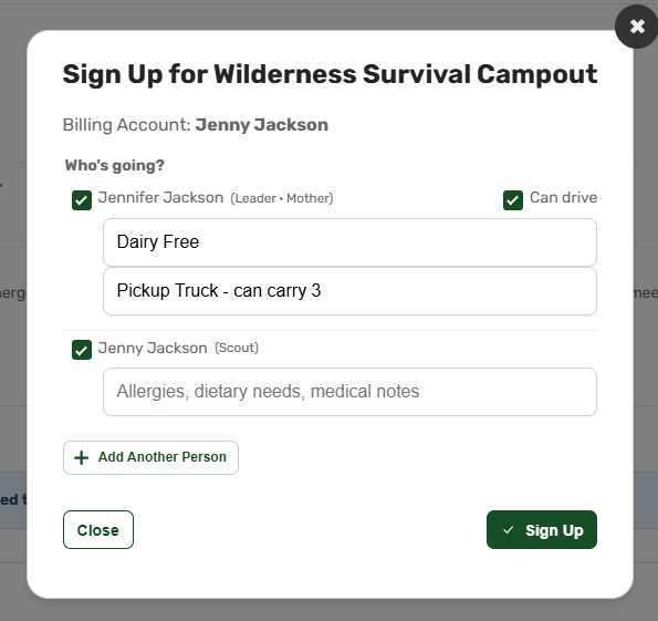 Trip signup popup where a parent checks off family members, with driver and allergy fields