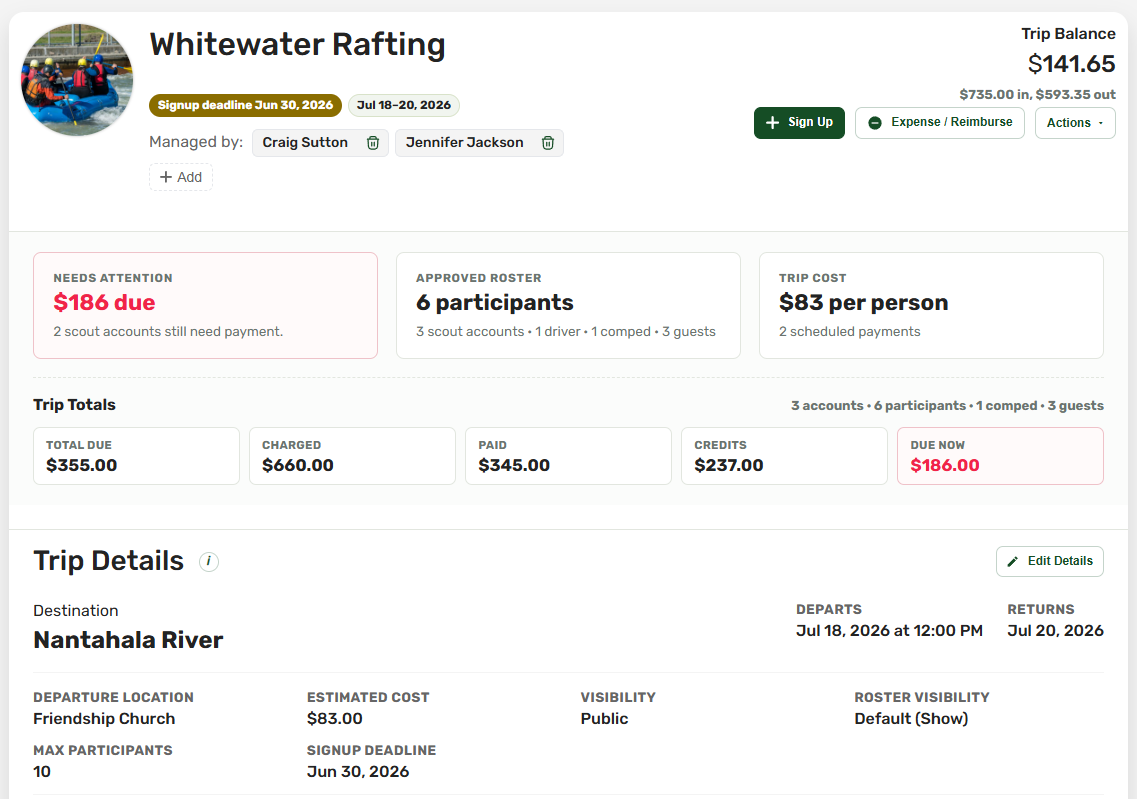 Trip account overview with Needs Attention, approved roster, and Trip Totals showing charged, paid, and due amounts